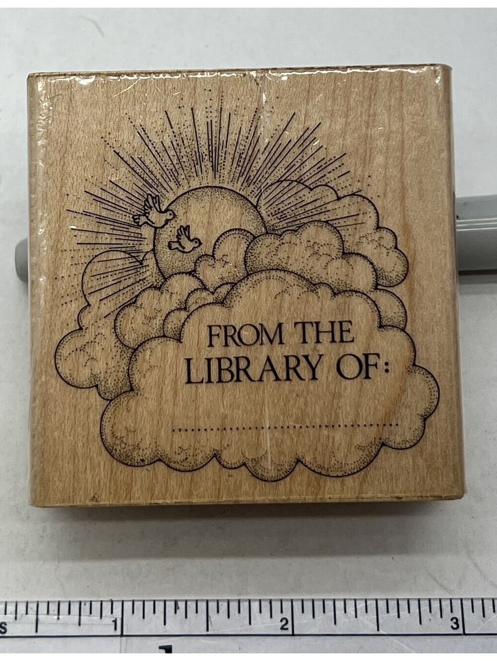 Vintage From the Library Of Bookplate Sun Clouds Wood Rubber Stamp